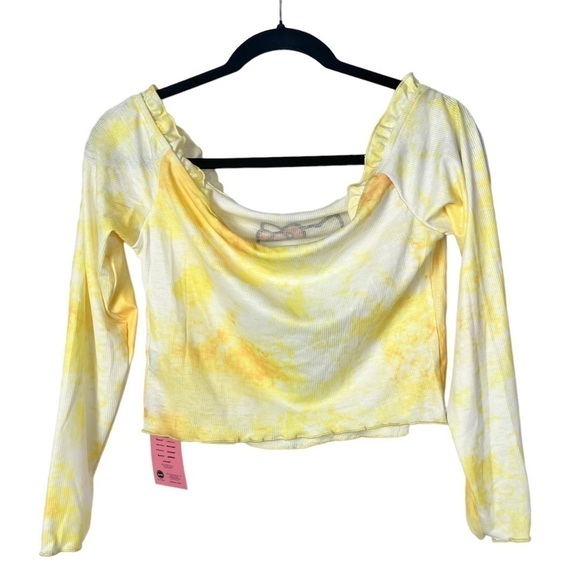 SHEIN X Hello Kitty Yellow Tie Dye Ruffle Cropped Long Sleeve Top 0X - Picture 3 of 4
